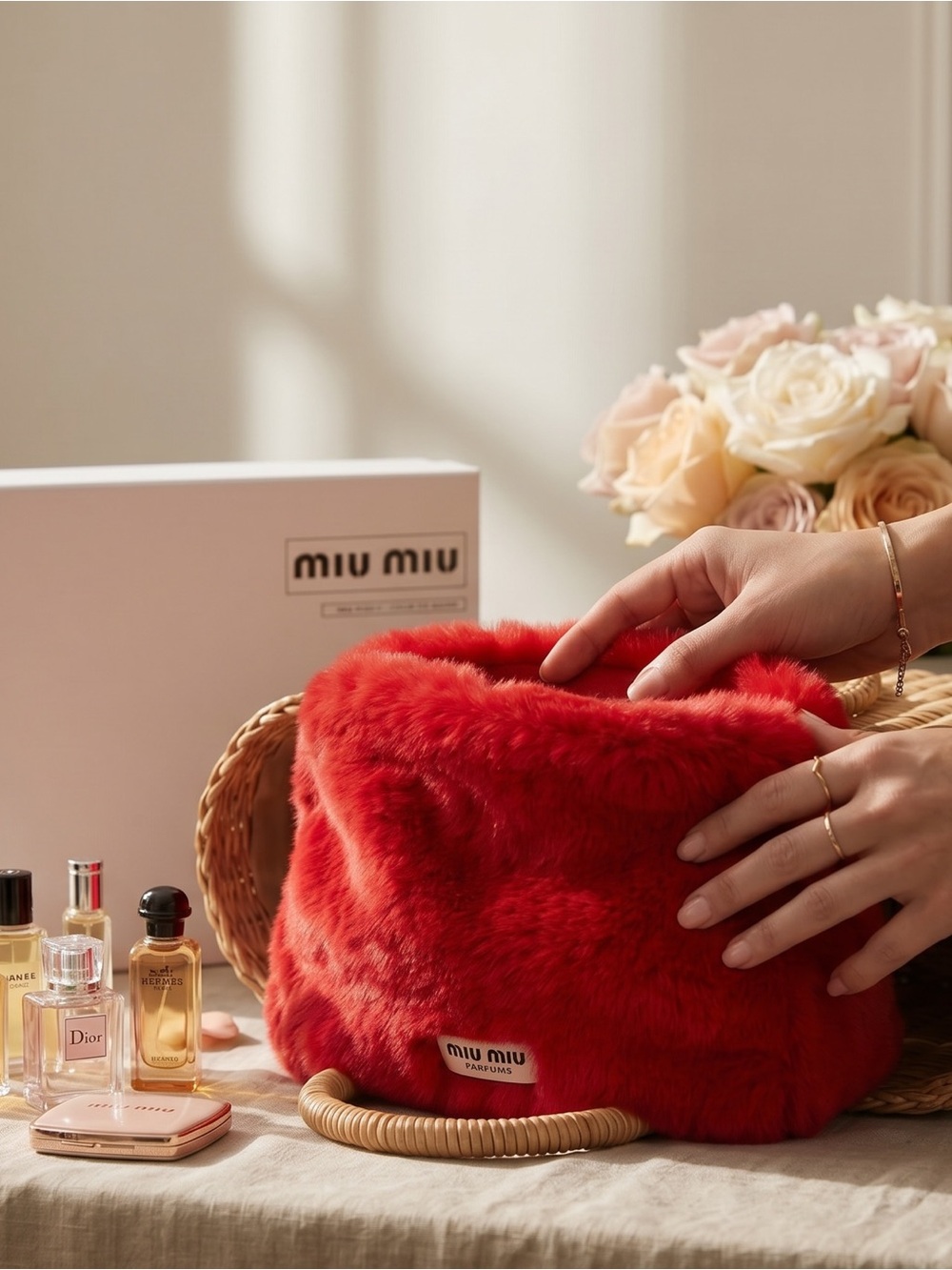 NEW Miu Miu Parfums Red Faux Fur Pouch